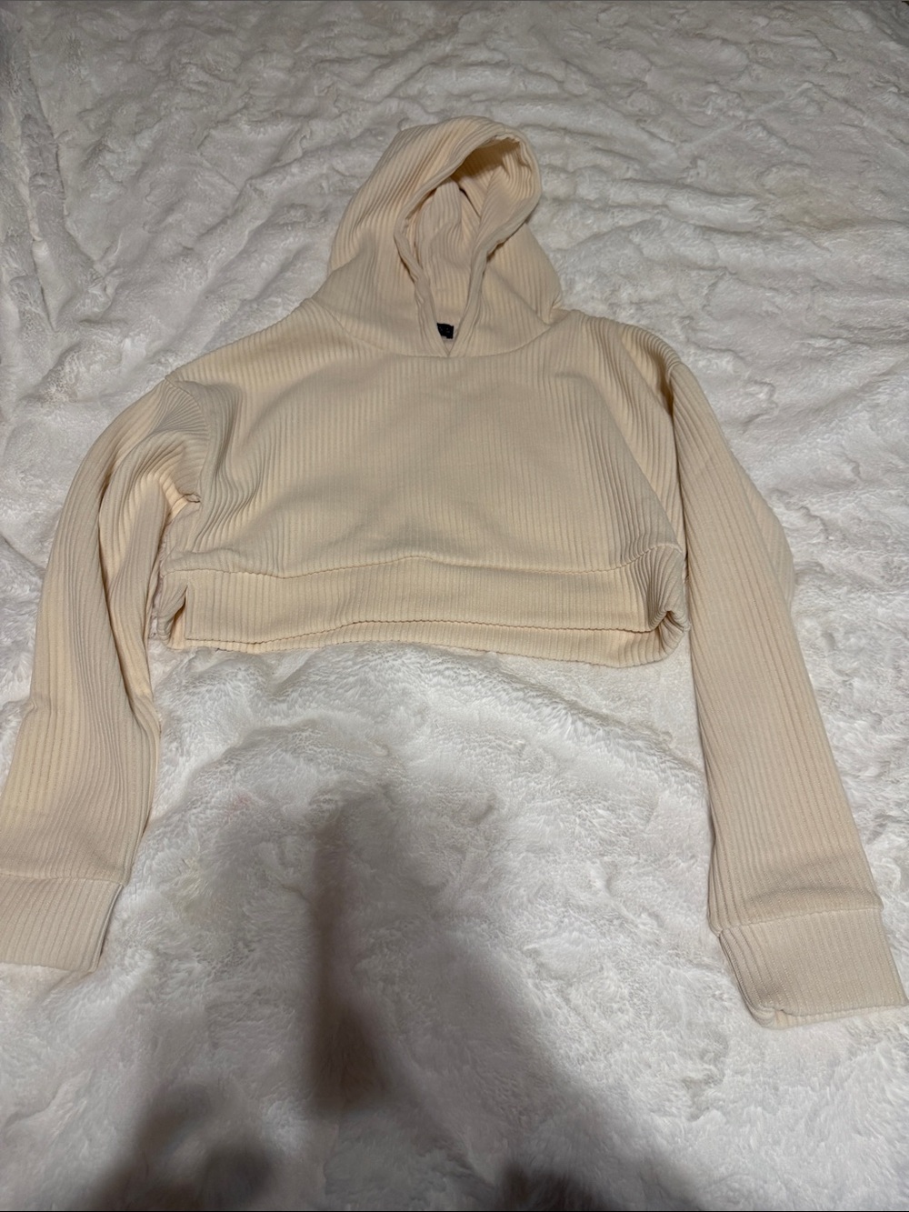 Cropped Ribbed Hoodie in Cream - Women’s Sweatshirt